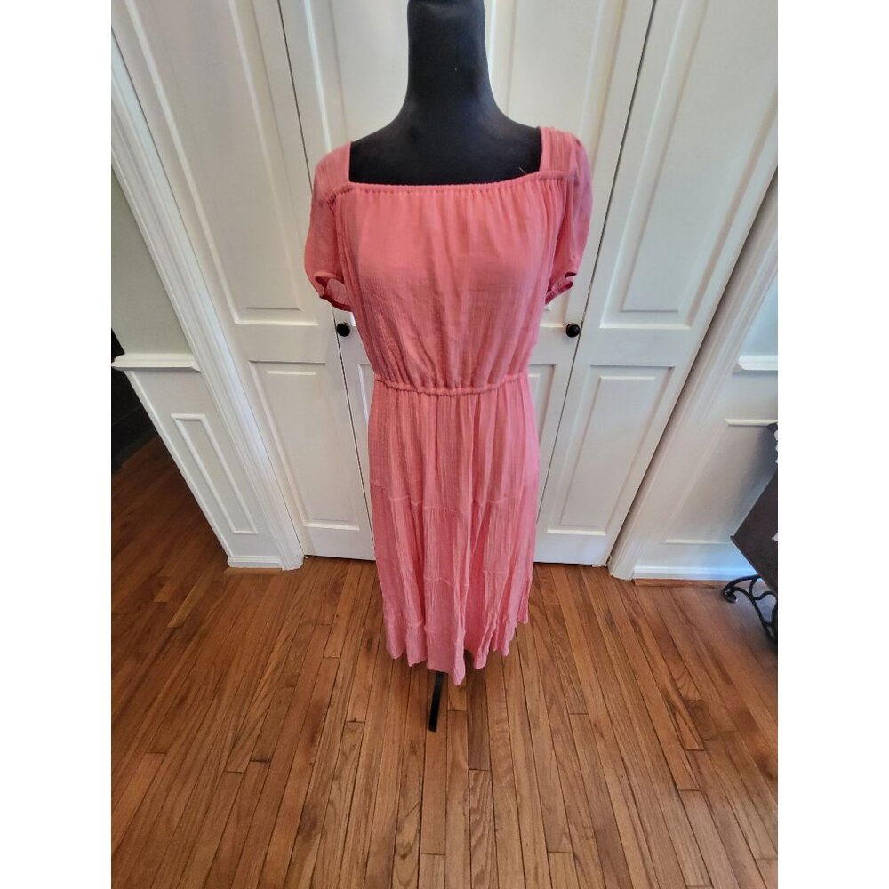 Coral  Square Neck Milkmaid Babydoll Tiered Mid Dress  L Cottagecore Coquette